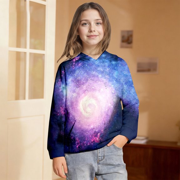 Girls Graphic Galaxy Hoodies Sweatshirt With Pockets Kids Hooded Coat Casual Outerwear Sky Blue 3 Y-4 Y