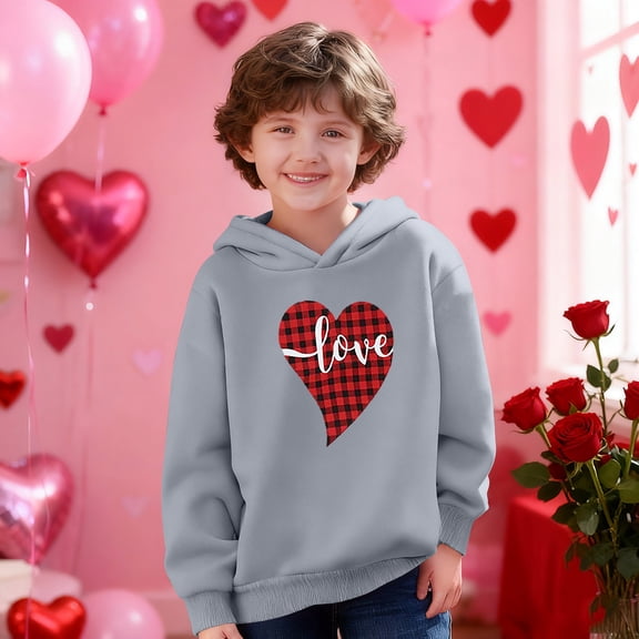 Girls' Graphic Hoodie Oversized with Plaid Heart, Lightweight Polyester Pullover for Teens Casual Wear Gray,Size 5 T
