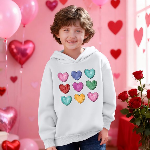Girls Graphic Hoodie | White Oversized Pullover with Colorful Hearts Print | Lightweight Casual Sweatshirt for Kids & Youth 4-14 Years,Size 5 T