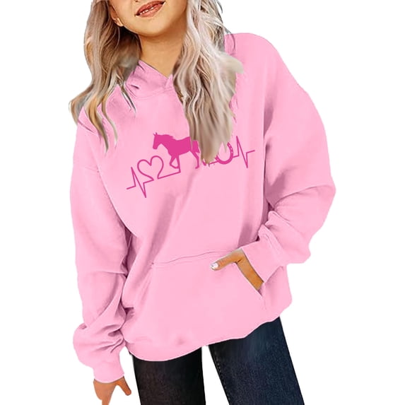 Girls Graphic Hoodies Sweatshirts Horse Print Winter Warm Pullover With Pocket Cute Long Sleeve Hooded Sweatshirt Kids Clothes Birthday Gifts Shirt
