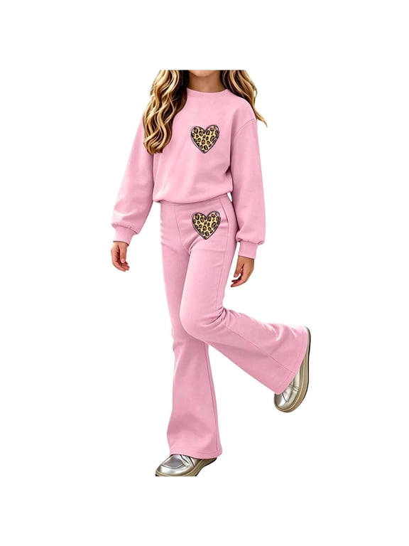 Girls Graphic Outfits Set Casual Warm Cute Long Sleeve Kids Sweatshirt and Flare Sweatpants Fall Clothes Pink 12