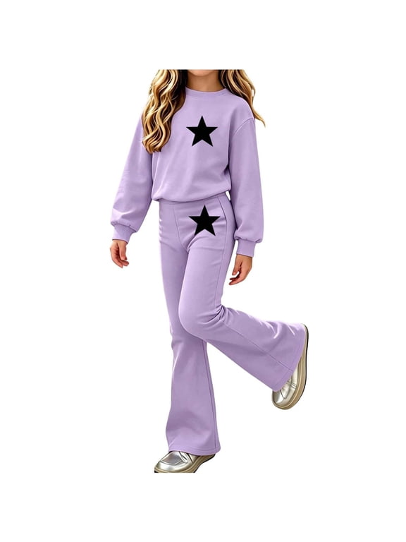 Girls Graphic Outfits Set Casual Warm Cute Long Sleeve Kids Sweatshirt and Flare Sweatpants Fall Clothes Purple 12