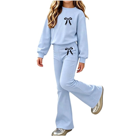 Girls Graphic Outfits Set Cute Casual Warm Long Sleeve Kids Sweatshirt and Flare Sweatpants Fall Clothes Blue 6