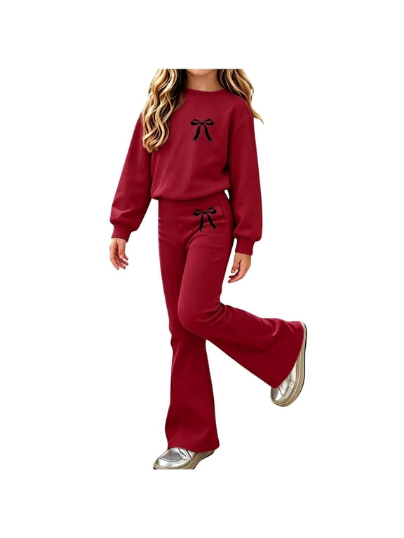 Girls Graphic Outfits Set Cute Long Sleeve Warm Casual Kids Sweatshirt and Flare Sweatpants Fall Clothes Red 14