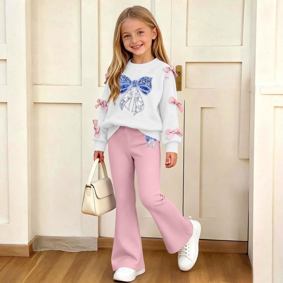 Girls Graphic Outfits Set Long Sleeve Casual Soft Cute T Shirts and Flare Pants Kids Fall Clothes Beige 6