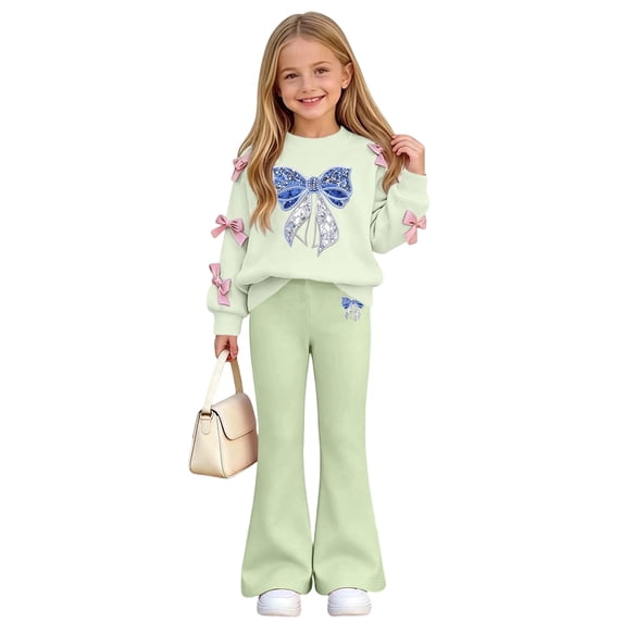 Girls Graphic Outfits Set Long Sleeve Cute Soft Casual T Shirts and Flare Pants Kids Fall Clothes Green 14
