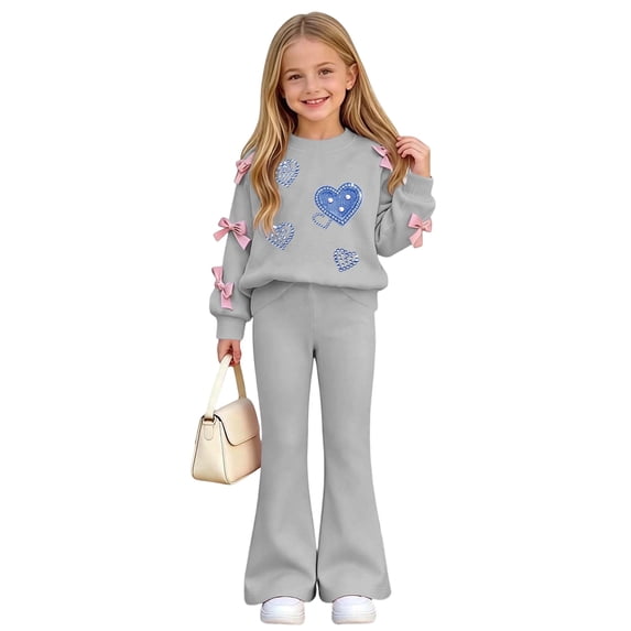 Girls Graphic Outfits Set Soft Cute Long Sleeve Casual T Shirts and Flare Pants Kids Fall Clothes Gray 10