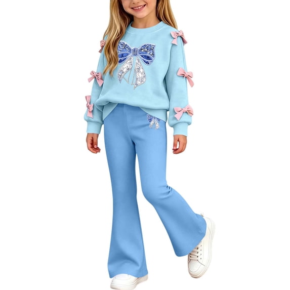Girls Graphic Outfits Set Soft Cute Long Sleeve Casual T Shirts and Flare Pants Kids Fall Clothes Light Blue 10