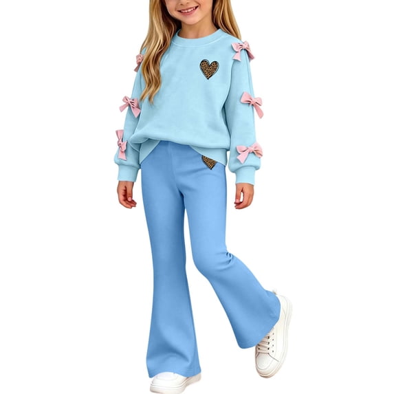 Girls Graphic Outfits Set Soft Cute Long Sleeve Casual T Shirts and Flare Pants Kids Fall Clothes Light Blue 10