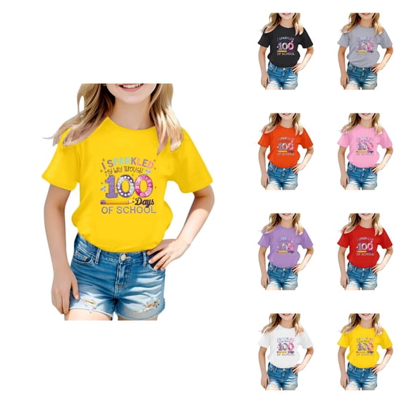 Girls Graphic Print Short Sleeve Tee Shirt Casual Crewneck Top for School Season