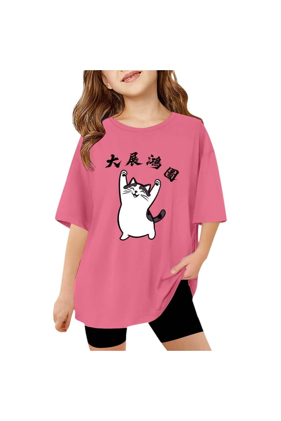 Girls Graphic Print Tee Casual Loose Fit Short Sleeve Comfortable Blend Top For Toddler Youth Everyday Wear Tween Kids Summer Soft Comfy Cute Teen Basic Tees