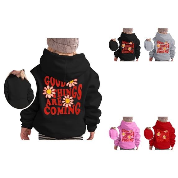 Girls Graphic Pullover Hoodie, Soft Long Sleeve Sweatshirt with Cartoon Letter Print, Cute Top for Kids