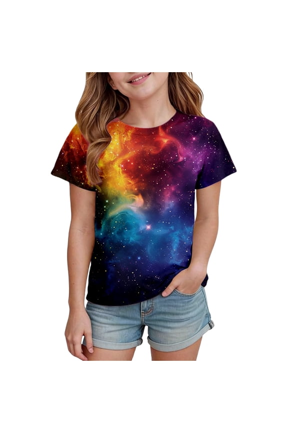 Girls Graphic Short Sleeve T-Shirt with Celestial Star Print, Casual Round Neck Tee for Everyday Play