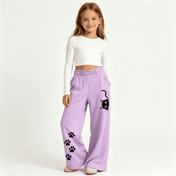 Girls Graphic Sweatpants with Pockets Baggy Elastic Waist Cute Casual Kids Wide Leg Active Pants Purple 5