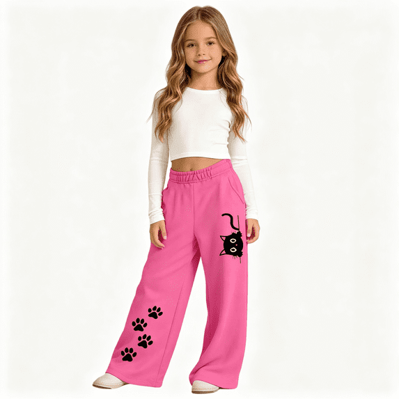 Girls Graphic Sweatpants with Pockets Elastic Waist Baggy Casual Cute Kids Wide Leg Active Pants Hot Pink 5-12