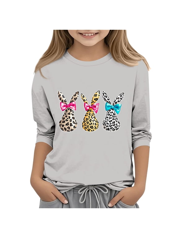 Girls Graphic T-Shirt Christian Cross Bunny Egg Print Long Sleeve Crewneck Kids Casual Daily Playwear Spring Easter Sunday Clothes for Teen