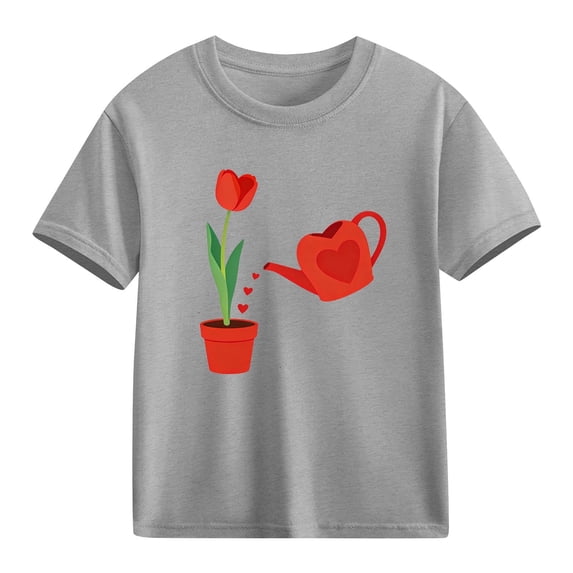 Girls Graphic T-Shirt Cotton Short Sleeve - Gray Cute Tulip Heart Valentine Top for Kids | Sizes 4T to 10-12,Size 3 T