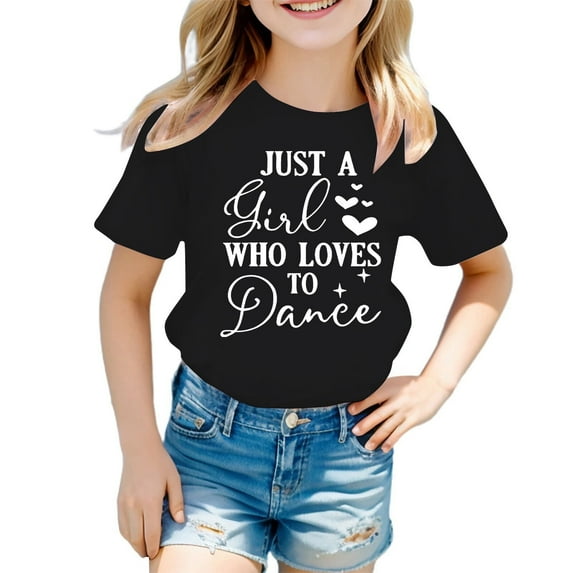 Girls Graphic T-Shirt Cute Letter Print Round Neck Short Sleeve Tee Summer Casual Unisex Kids T Shirts Black 7-8 Years