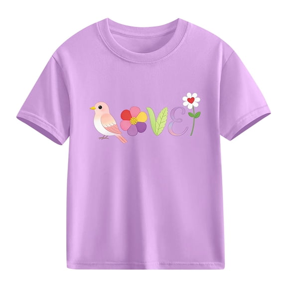 Girls Graphic T-Shirt Cute Love Bird Floral Print 100% Cotton Short Sleeve Tee Soft Casual Kids Tops for Kids & Big Girls,Size 5 T