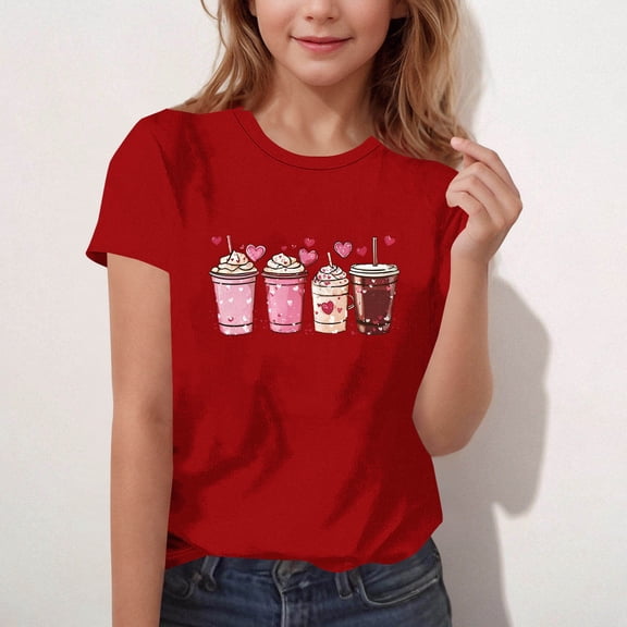 Girls Graphic T-Shirt Red Cute Drink Print Short Sleeve Tee Casual Kids Top Stretchy Polyester Spandex Youth Sizes 110-170,Size 5-6T