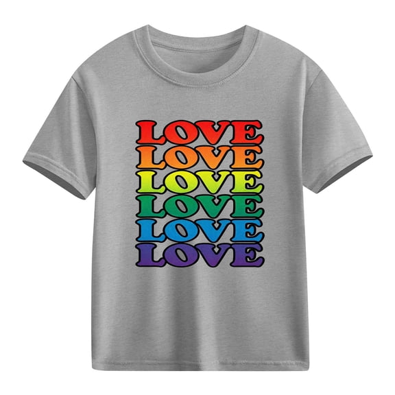 Girls Graphic T-Shirt Short Sleeve Cotton Kids Tee with Rainbow Love Slogan Positive Message Gray,Size 4 T