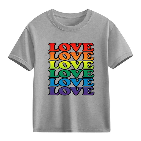 Girls Graphic T-Shirt Short Sleeve Cotton Kids Tee with Rainbow Love Slogan Positive Message Gray,Size 5 T