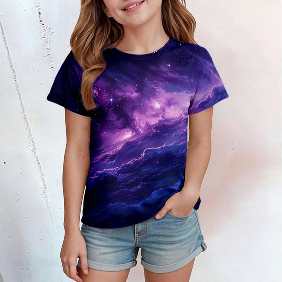 Girls Graphic T Shirts with Starry Sky Print Casual Short Sleeve Crew Neck Tee for Kids Comfortable Everyday Play Purple 3-4 Y