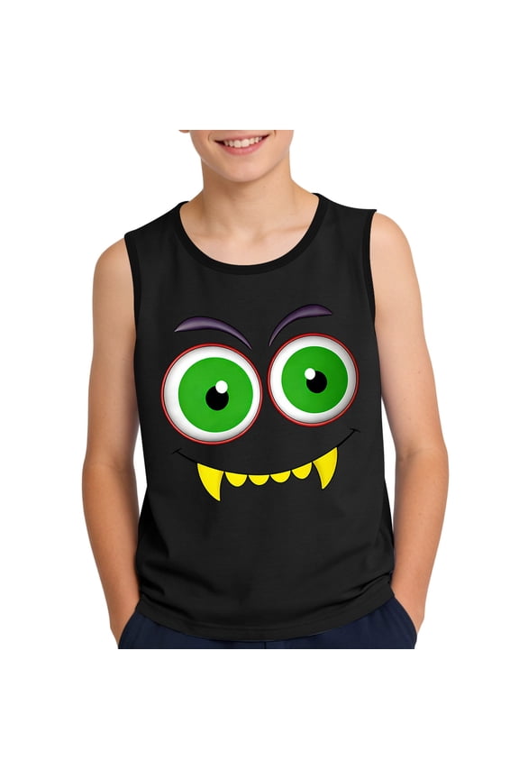Boys Graphic Tank Top Monster Face Black Kids Sleeveless T-Shirt Soft Stretchy Youth Top Sizes 4-16,Size 14 T