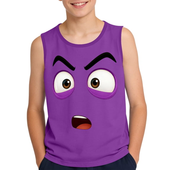 Boys Graphic Tank Top Sleeveless Funny Face Shirt for Kids Purple Summer Cartoon Tee Soft Polyester Spandex Blend Casual Play Clothes,Size 8 T