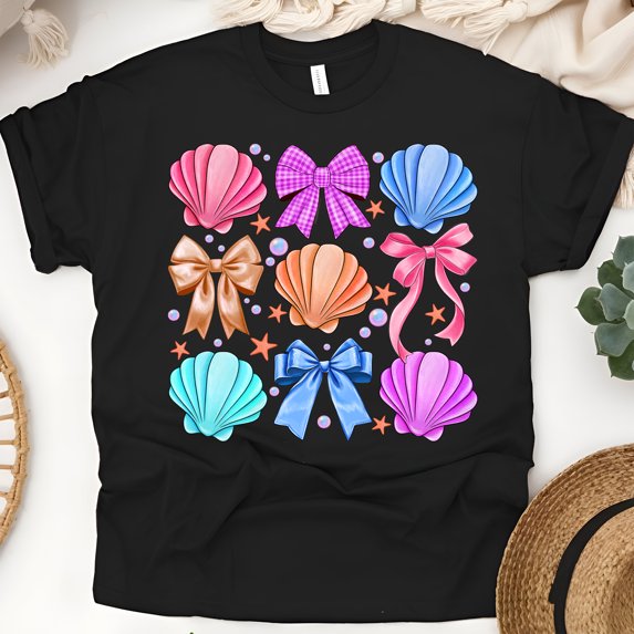 Girls' Graphic Tee, Colorful Seashell and Bow Design, Summer Beach Shirt, Black, Size L