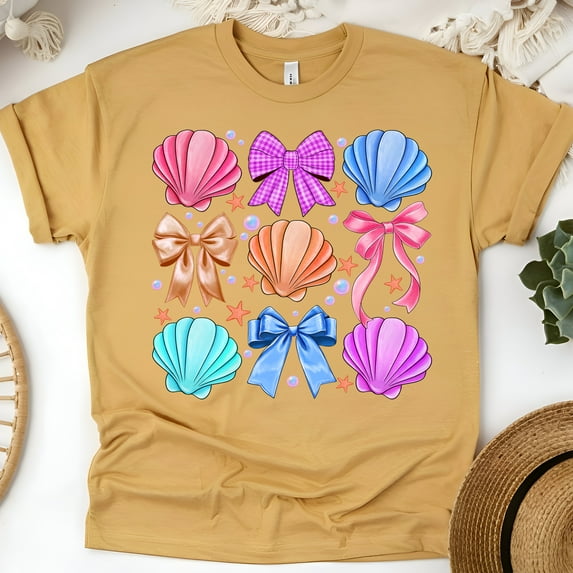 Girls' Graphic Tee, Colorful Seashell and Bow Design, Summer Beach Shirt, Gold, Size M