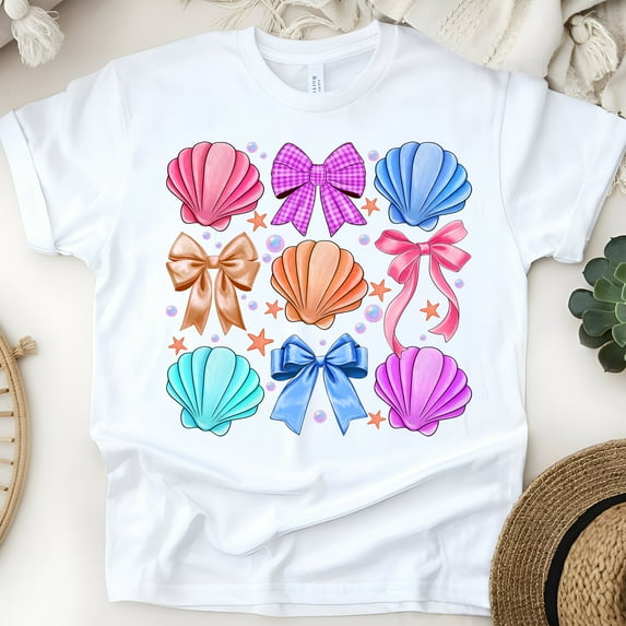 Girls' Graphic Tee, Colorful Seashell and Bow Design, Summer Beach Shirt, White, Size 2XL