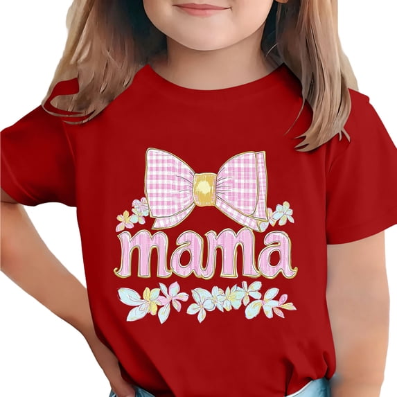 Girls Graphic Tee Mama Bow Floral Short Sleeve T-Shirt Stretchy Polyester Spandex Kids Red Sizes 4-12,Size 9-10T