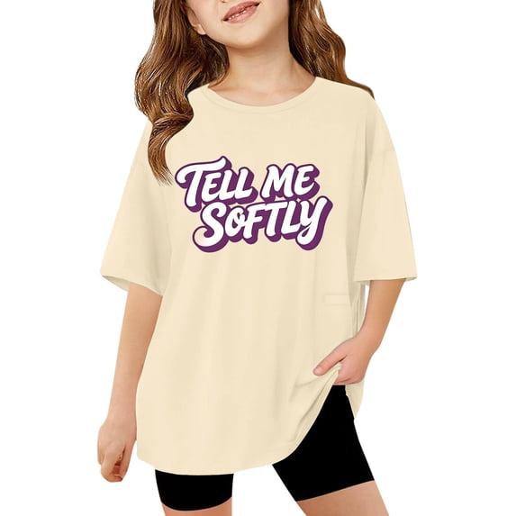 Girls Graphic Tee Shirts Trendy Casual Short Sleeve Tops Girls Shirts Size 8 Printed Crewneck Loose Fit Basic Cotton Shirts Size 7-8 Years,2-Beige
