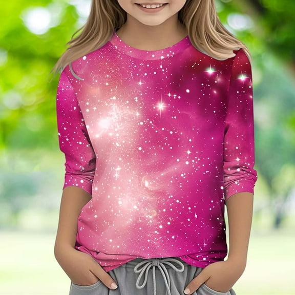 Girls Graphic Tees 10-12 Three Quarter Sleeve Gradient Sparkly Tops Fashion Casual Cute Crew Neck Kids T Shirts Toddler Girl Clothes Y2K Fall Fashion Tees Workout Running Outfits, Size 3-12