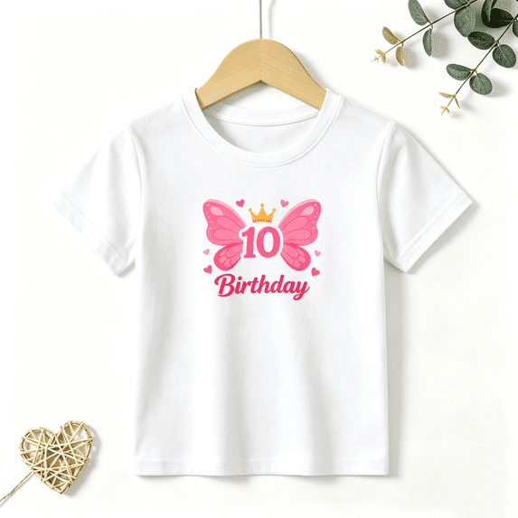 Girls Graphic Tees 10th Birthday Wing Kids T Shirt Sweet Party 100% Cotton Short Sleeve Soft Tops 4-13Y