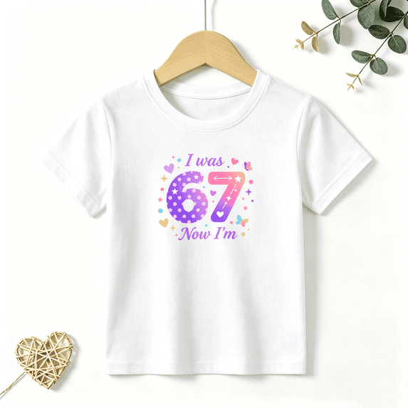 Girls Graphic Tees 67 Meme 7th Birthday Kids T Shirt Cute Rainbow 100% Cotton Short Sleeve Soft Tops 4-13Y