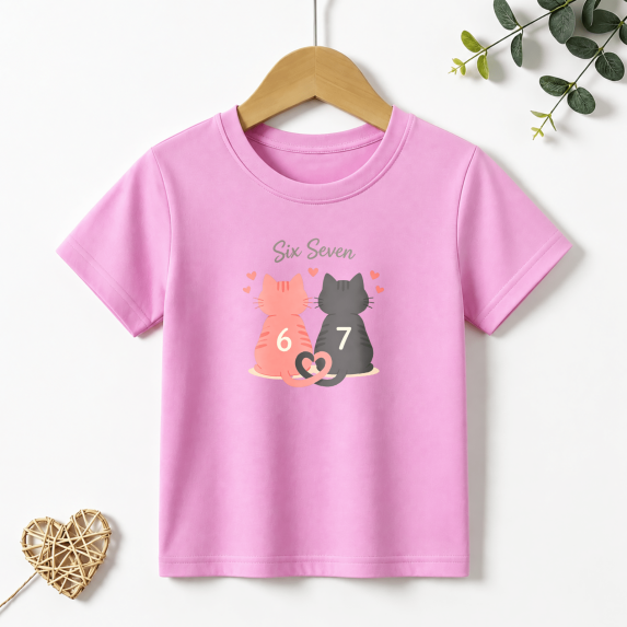 Girls Graphic Tees 67 Six Seven Cats Kids T Shirt Cute Meme 100% Cotton Short Sleeve Soft Tops 4-13Y