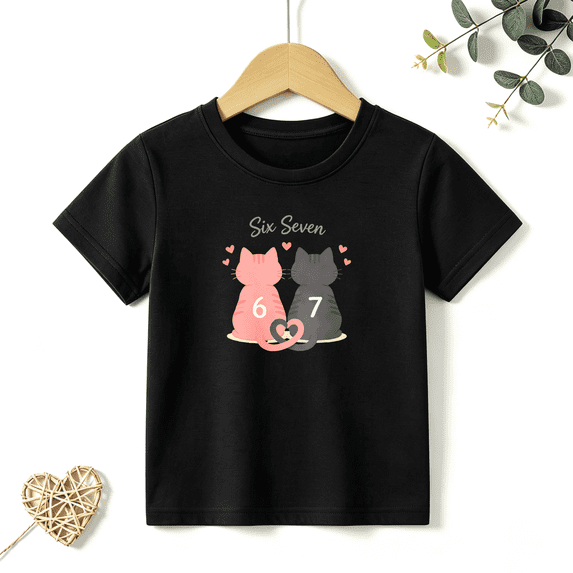 Girls Graphic Tees 67 Six Seven Cats Kids T Shirt Cute Meme 100% Cotton Short Sleeve Soft Tops 4-13Y