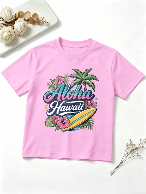 Girls Graphic Tees Aloha Hawaii Tropical Palm Surfboard Short Sleeve Kids T-Shirt, 100% Cotton Soft Casual Tops for Children
