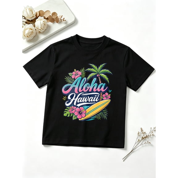 Girls Graphic Tees Aloha Hawaii Tropical Palm Surfboard Short Sleeve Kids T-Shirt, 100% Cotton Soft Casual Tops for Children