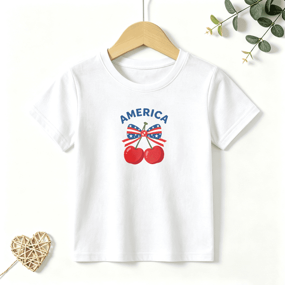 Girls Graphic Tees America Patriotic Cherries Kids T Shirt 4th July 100% Cotton Short Sleeve Soft Tops 4-13Y