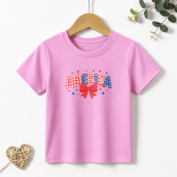 Girls Graphic Tees America Red Bow Kids T Shirt 4th Of July Cute 100% Cotton Short Sleeve Soft Tops 4-13Y