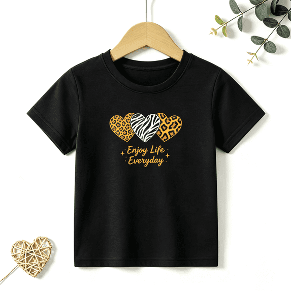 Girls Graphic Tees Animal Print Hearts Kids T Shirt Enjoy Life 100% Cotton Short Sleeve Soft Tops 4-13Y