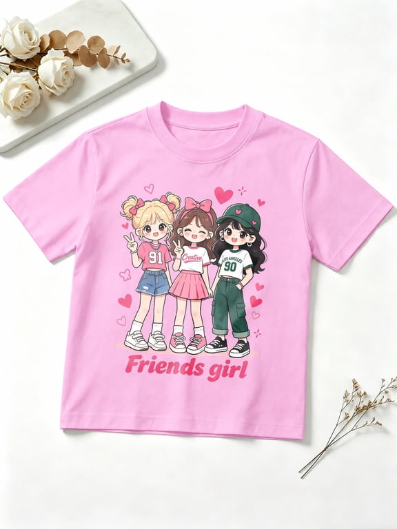 Girls Graphic Tees Anime Friends Girl Trio Short Sleeve Kids T-Shirt, 100% Cotton Soft Casual Tops for Children