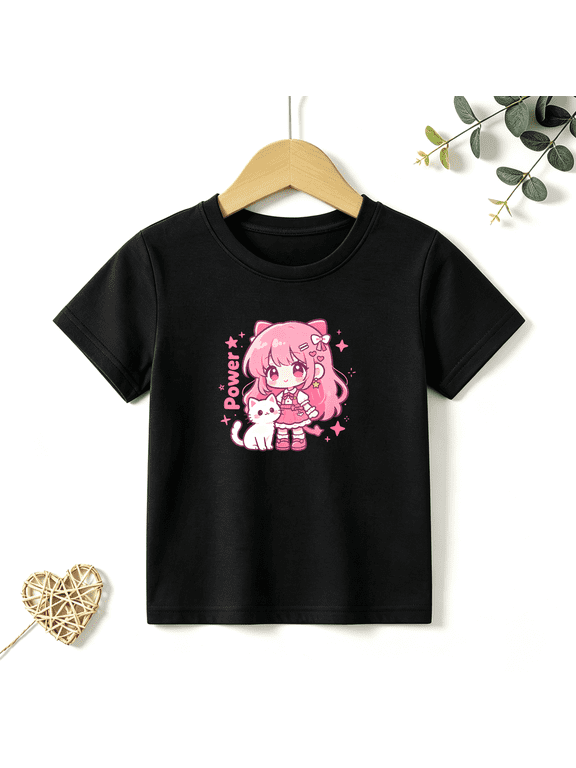 Girls Graphic Tees Anime Girl Pink Cat Kids T Shirt Sweet Kawaii 100% Cotton Short Sleeve Soft Tops 4-13Y