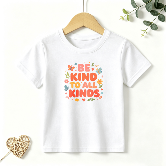 Girls Graphic Tees Be Kind To All Kinds Floral Letter Print Kids T Shirt Positive Tee 100% Cotton Short Sleeve Soft Tops 4-13Y
