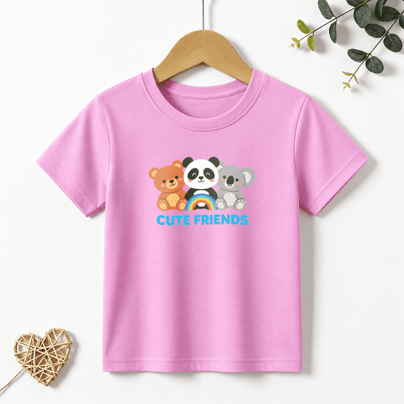 Girls Graphic Tees Bear Panda Koala Kids T Shirt Cute Friends 100% Cotton Short Sleeve Soft Tops 4-13Y