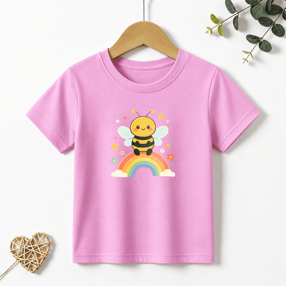 Girls Graphic Tees Bee Rainbow Star Kids T Shirt Cute Animal 100% Cotton Short Sleeve Soft Tops 4-13Y