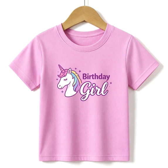Girls Graphic Tees Birthday Girl Unicorn Kids T Shirt Party 100% Cotton Short Sleeve Soft Tops 4-13Y Pink